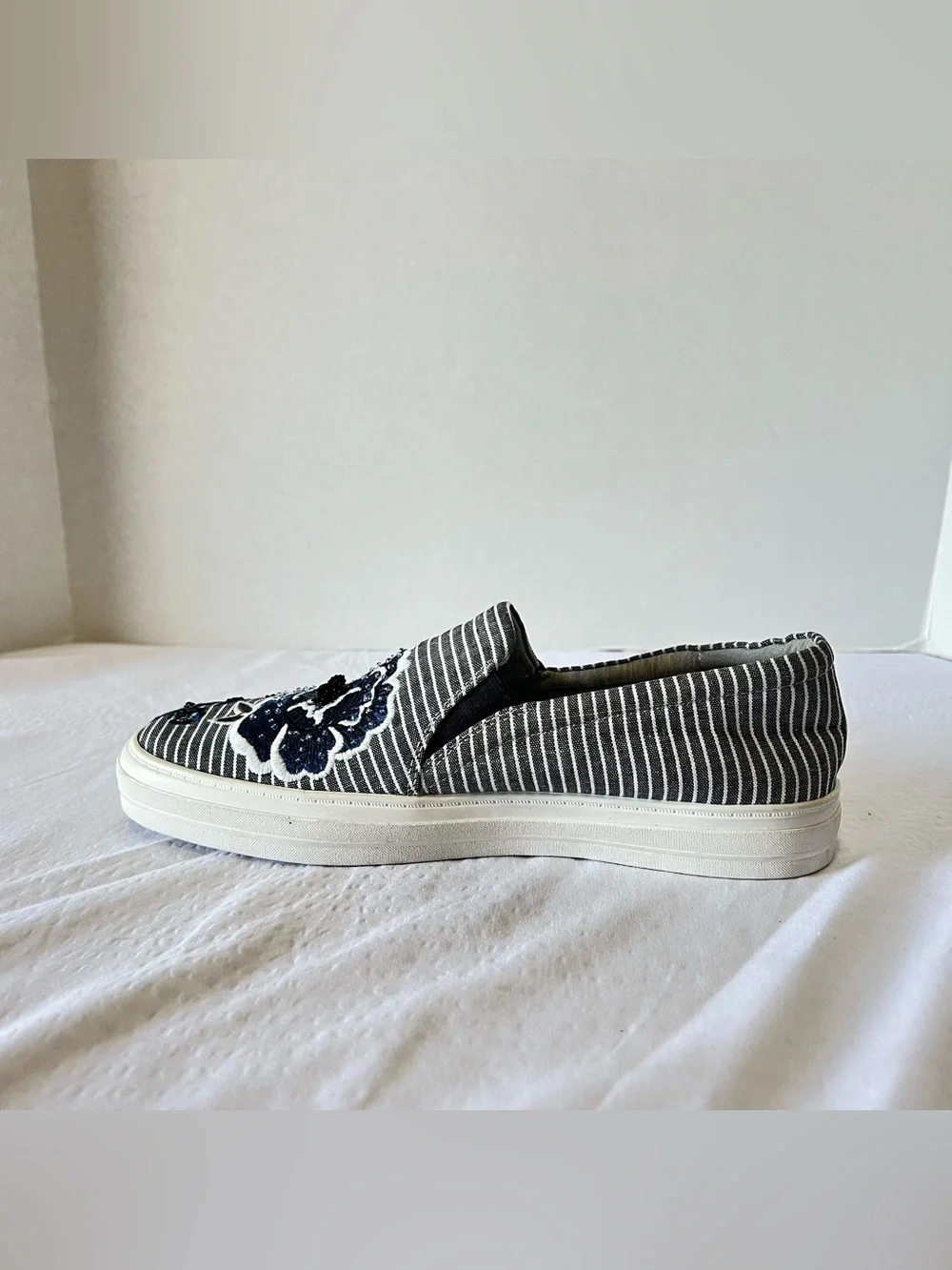Nine West Striped Slip-On Sneakers with Blue Floral Embroidery
